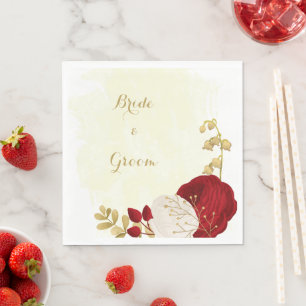 Servilleta De Papel Flores románticas rojo oscuro y blanco dorado