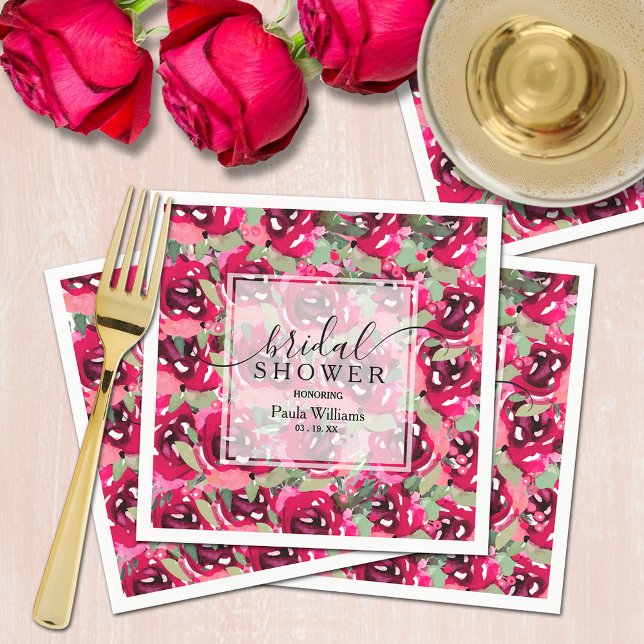 Servilleta De Papel Flores rosa acuarela ducha de novia (Chic watercolor hot pink floral bridal shower personalized napkins)