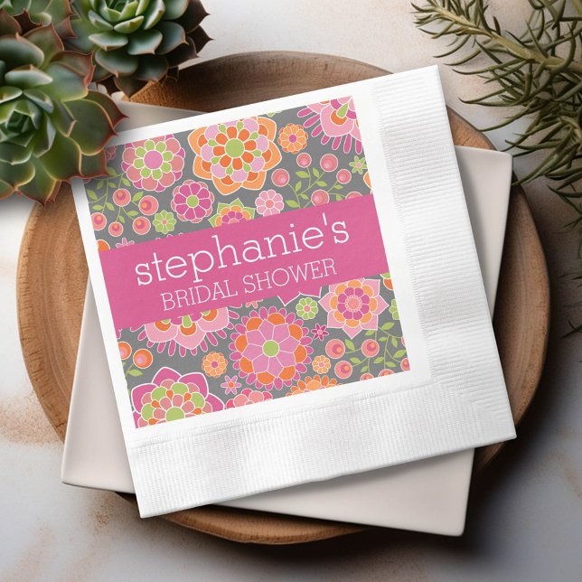 Servilleta De Papel Flores Rosa Caliente y Verde Lima - Desayuno Nupci (Custom Bridal Shower Napkins)