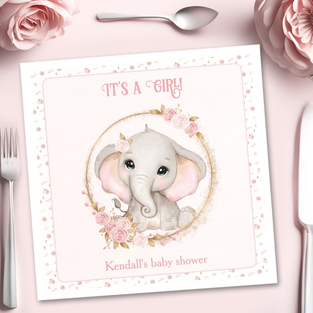 Servilleta De Papel Flores rosa de elefante suave servilletas Baby Sho (Cute Elephant Pink Flowers Baby Shower Napkins)