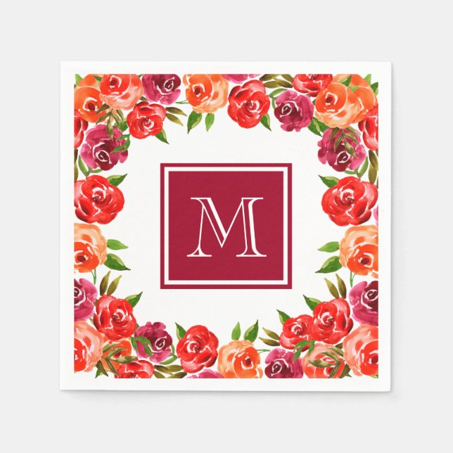 Servilleta De Papel Flores Rosa Naranja Rojo Monograma (Anverso)