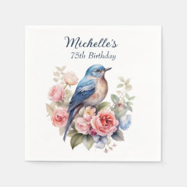 Servilleta De Papel Flores rosa pájaro azul 75 cumpleaños