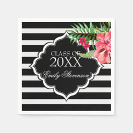 Servilleta De Papel Flores Rosa Y Bandas Negras- Graduación