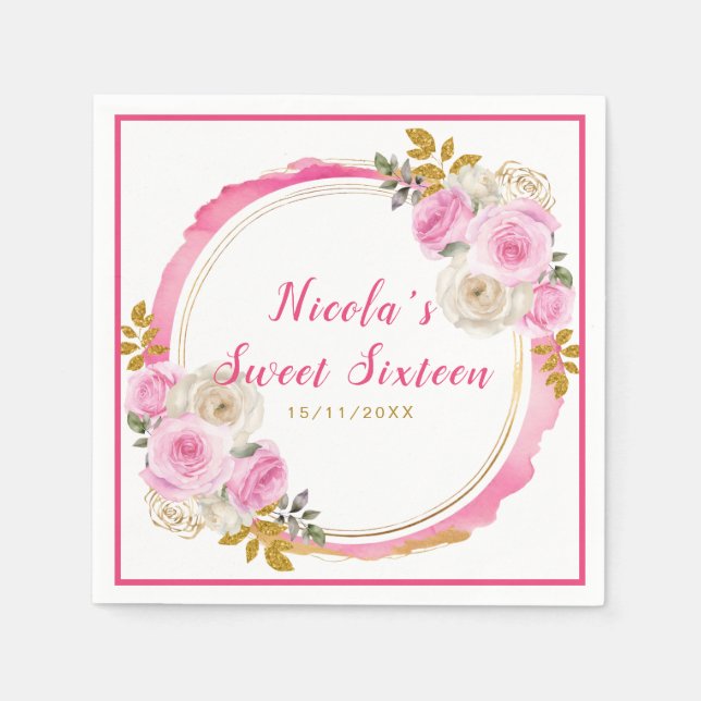 Servilleta De Papel Flores rosa y dorada brillantes y elegantes 16 (Anverso)