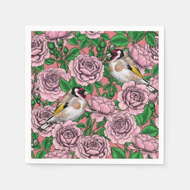 Servilleta De Papel Flores rosa y pájaros dorados (Anverso)
