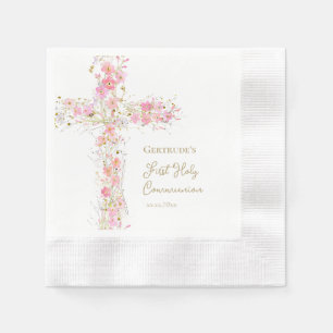 Servilleta De Papel flores rosadas cruz Primera Comunión