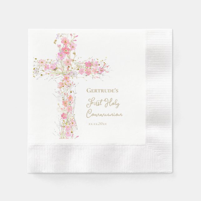 Servilleta De Papel flores rosadas cruz Primera Comunión (Anverso)