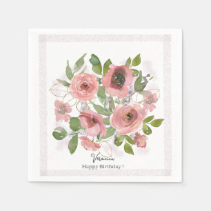 Servilleta De Papel Flores rosadas de acuarela sobre blanco