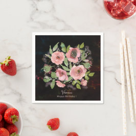 Servilleta De Papel Flores rosadas de acuarela sobre negro