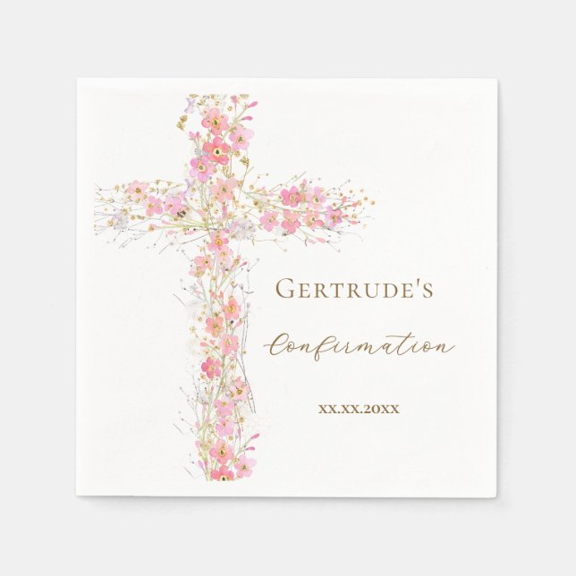 Servilleta De Papel flores rosadas de confirmación cruz (Anverso)