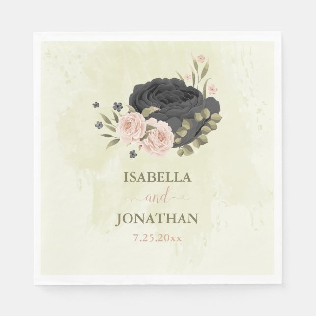 Servilleta De Papel flores rosadas de rubor negro boda (Anverso)
