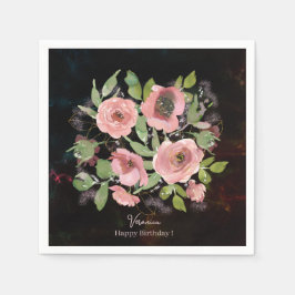 Servilleta De Papel Flores rosadas en acuarela sobre negro
