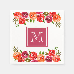 Servilleta De Papel Flores rosadas Naranjas rojas monogramadas