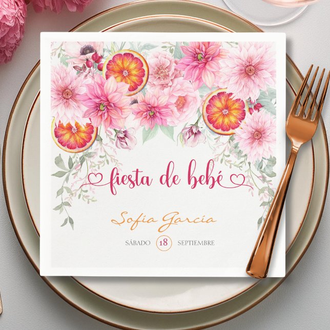 Servilleta De Papel Flores rosas y cítricos Fiesta Baby Shower español (Citrus and pink watercolor flowers Spanish baby shower party napkins)