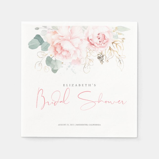 Servilleta De Papel Flores rosas y ducha de novia dorada (Anverso)