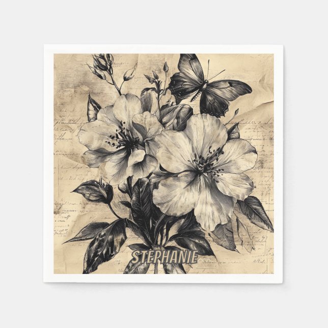Servilleta De Papel Flores rústicas y mariposa - Papel de edad (4) (Anverso)