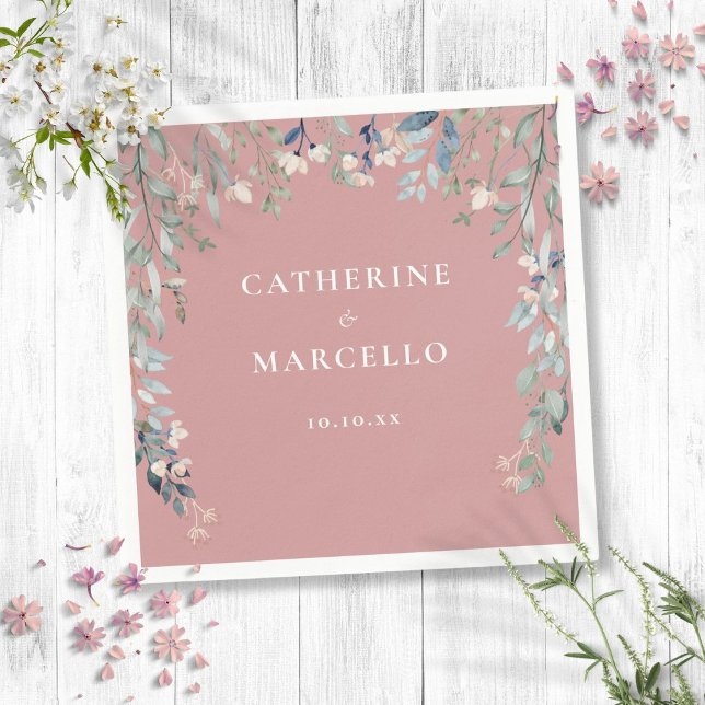 Servilleta De Papel Flores silvestres Cascada floral Rosa  Boda rosa (Wildflowers Floral Cascade Dusty Rose Pink Wedding Napkins)
