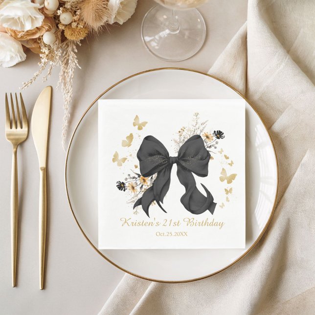 Servilleta De Papel Flores silvestres coquetas de lazo negro elegante (Elegant Black Gold Coquette Bow Napkins)