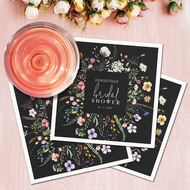 Servilleta De Papel Flores silvestres Moody Bridal Shower (Wildflowers bridal shower black napkins)