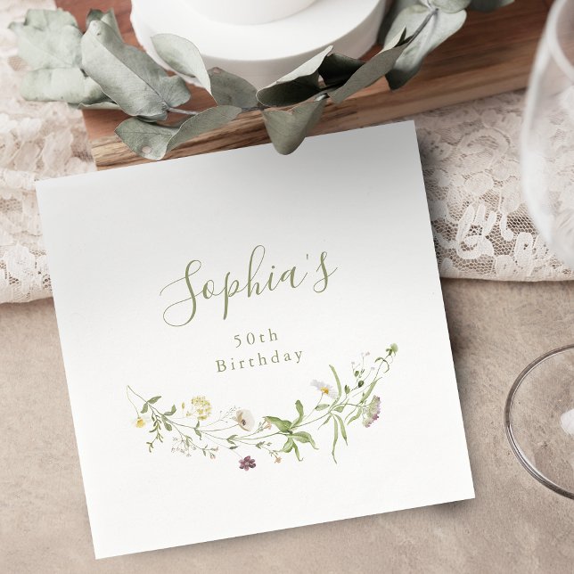 Servilleta De Papel Flores Silvestres Verde Salvia Rústico Boho Cumple (Sage Green Wildflower Rustic Boho Any Age Birthday Napkins)