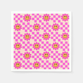 Servilleta De Papel Flores sonrientes rosadas calientes con cuadrados