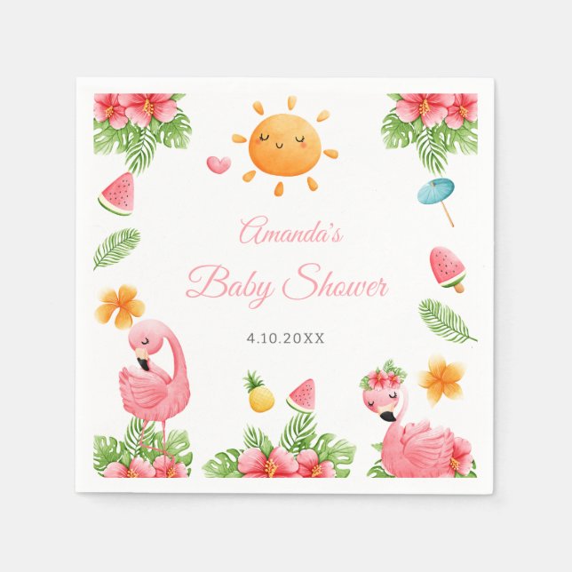 Servilleta De Papel Flores tropicales rosadas Flamingo Baby Shower Nap (Anverso)
