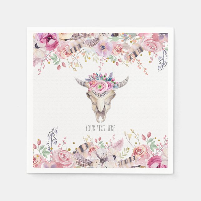 Servilleta De Papel Flores y calavera de vaca Glam campestre rústico f (Anverso)