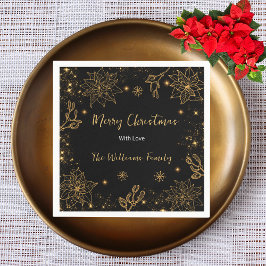 Servilleta De Papel Flores y estrellas navideñas Feliz | Oro negro