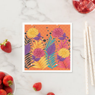 Servilleta De Papel flores y hojas coloridas sobre un fondo negro