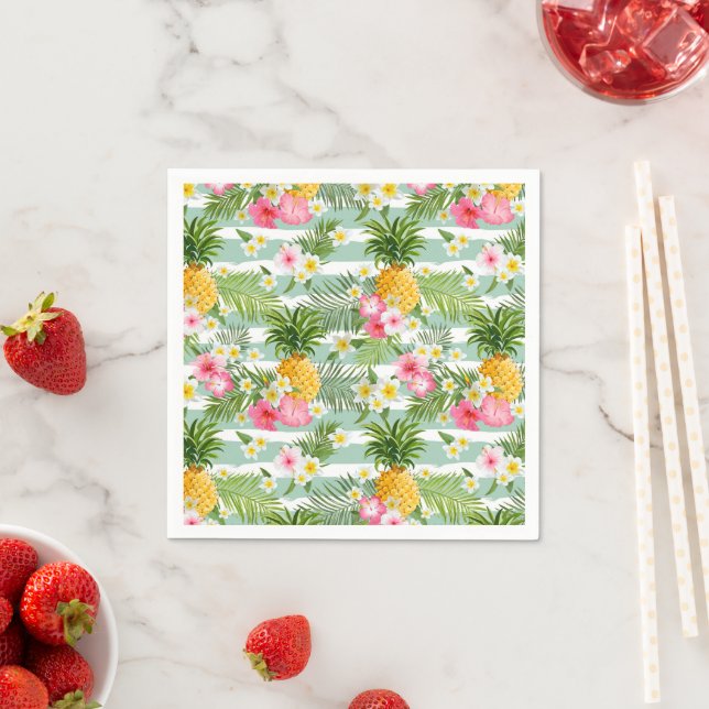 Servilleta De Papel Flores y rayas Verde azuladas de piña (In situ)