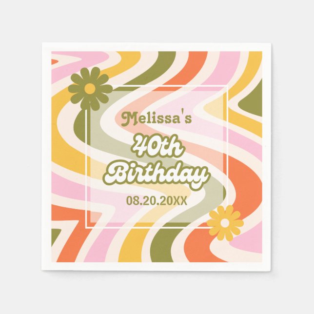 Servilleta De Papel Flower Green Retro Wave Groovy 40 cumpleaños (Anverso)