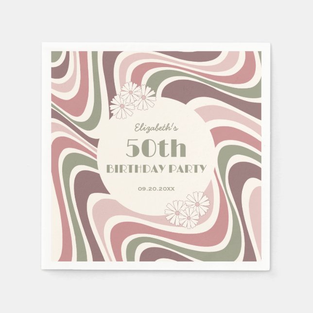 Servilleta De Papel Flower Retro Flower Sage Brown Peach Cumpleaños (Anverso)