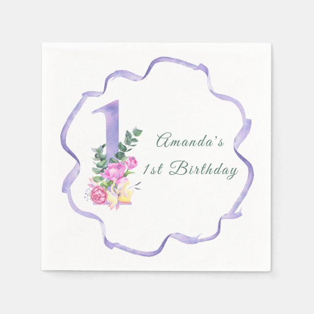 Servilleta De Papel Flowers and ribbon First birthday party (Anverso)