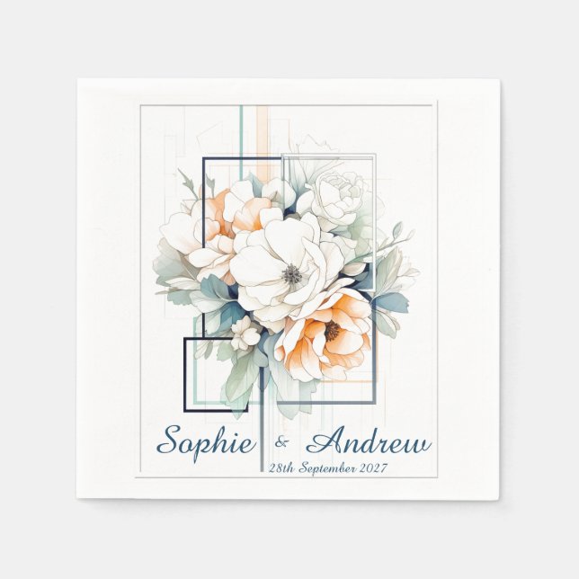 Servilleta De Papel Flowers in Blue Cube-Frame: Wedding Napkins (Anverso)