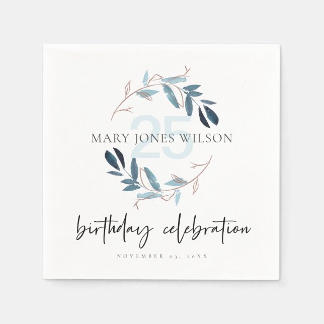 SERVILLETA DE PAPEL FOLIAGE AZUL ROMPER CUALQUIER EDAD 25 CUMPLEAÑOS (Anverso)