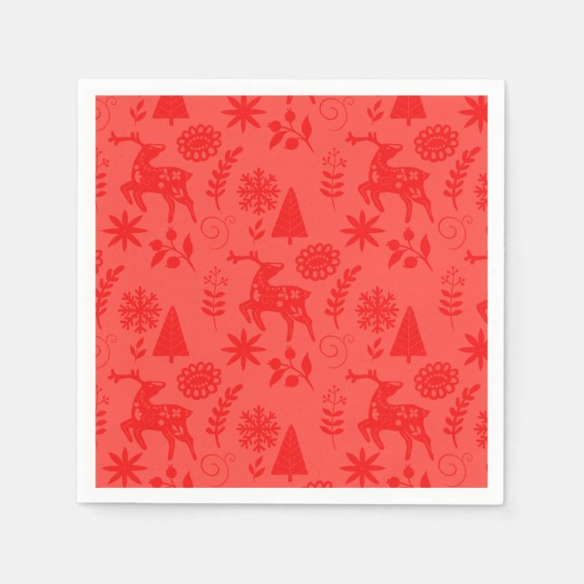 Servilleta De Papel Folk Art Deer Forest Red (Anverso)