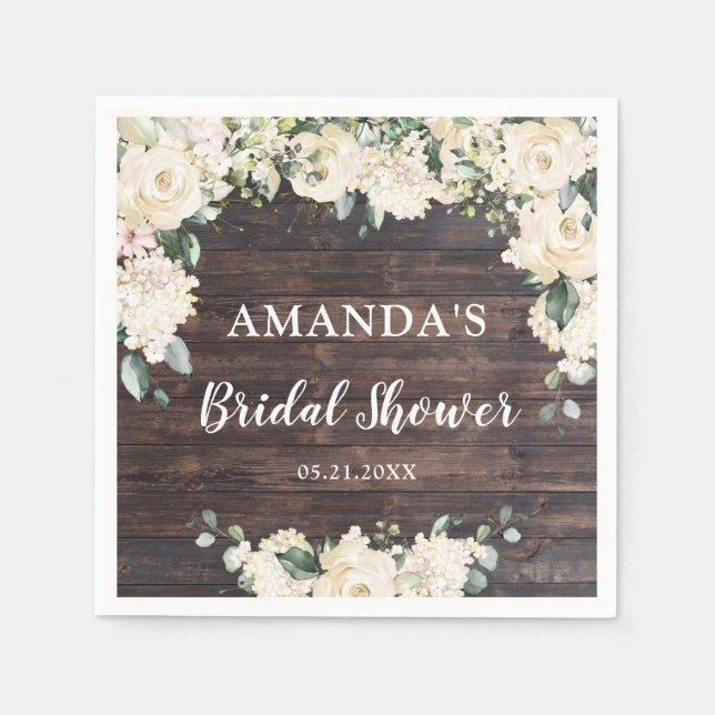 Servilleta De Papel Follaje verde madera rústica boho rosas blancas (Anverso)