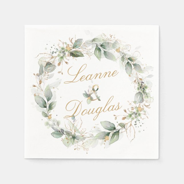 Servilleta De Papel Follaje verde y dorado Boda de Wreath (Anverso)