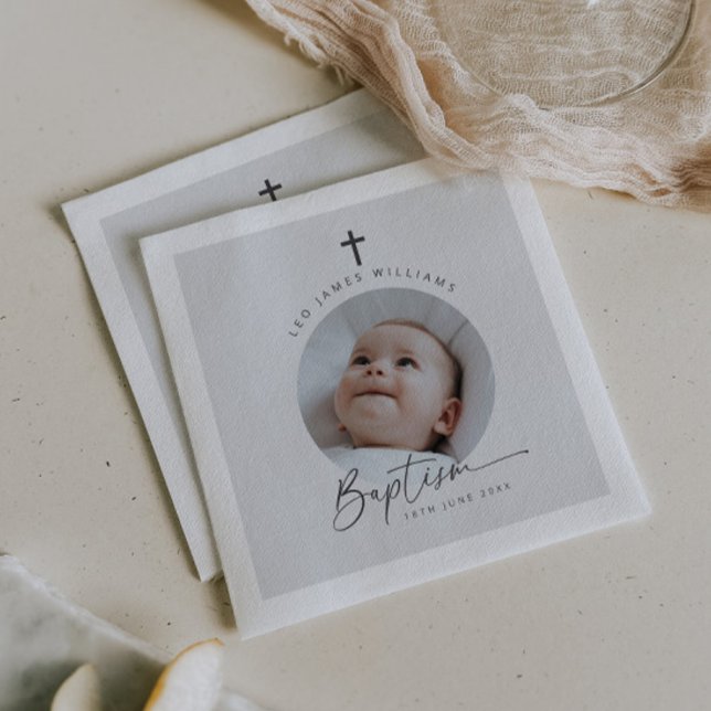 Servilleta De Papel Fondo gris de la foto del bautismo (Zazzle Baptism Photo Grey Background Napkins)