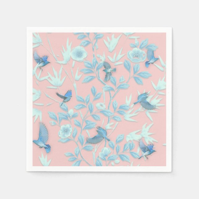 Servilleta De Papel Fondo rosa con aves y flores (Anverso)