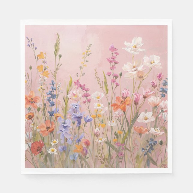 Servilleta De Papel Fondo Rosa Polvo con Flores Silvestres (Anverso)