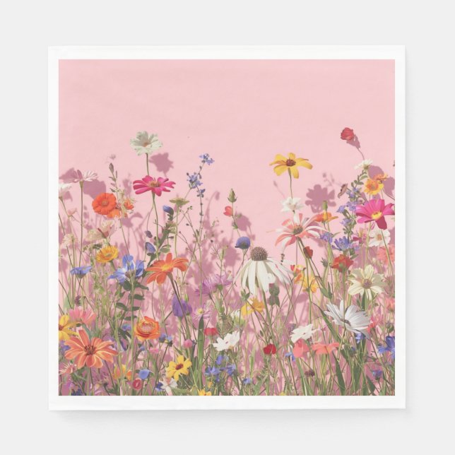 Servilleta De Papel Fondo Rosa Polvo con Flores Silvestres (Anverso)