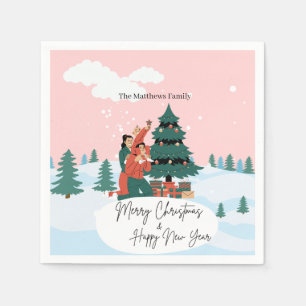 Servilleta De Papel Fondo Rosa Y Navidades De Árbol Verde