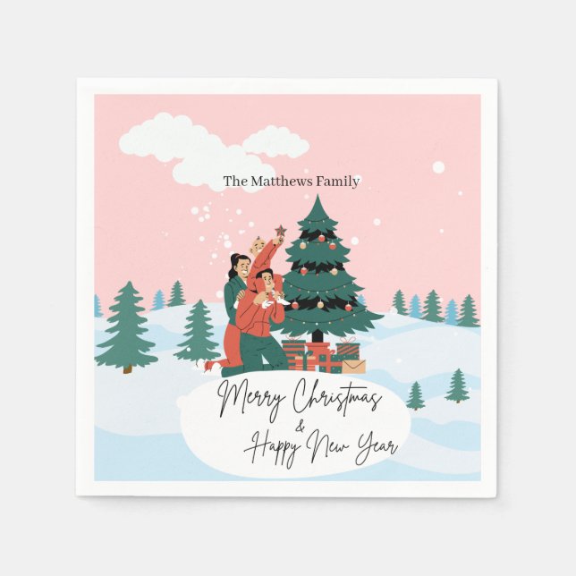 Servilleta De Papel Fondo Rosa Y Navidades De Árbol Verde (Anverso)