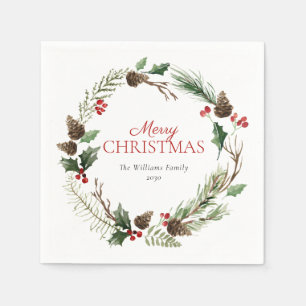 Servilleta De Papel Forest Berry Pinecone Wreath Merry Christmas