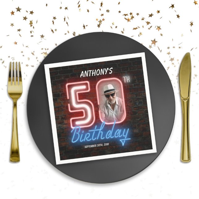 Servilleta De Papel Foto 80 Retro Neon Rótulo 50 cumpleaños (50th Birthday 80s Retro Neon Sign Party Photo Napkins
)