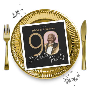 Servilleta De Papel Foto 90 cumpleaños Personalizado elegante negro de