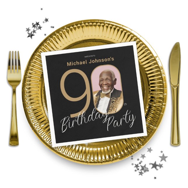 Servilleta De Papel Foto 90 cumpleaños Personalizado elegante negro de (Photo 90th Birthday Gold Black Elegant Custom Napkins)