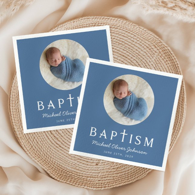 Servilleta De Papel Foto de bautismo de cruz religiosa con guión azul (Blue Script Religious Cross Baptism Photo Napkins)