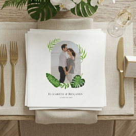 Servilleta De Papel Foto de Boda Tropical Verde Nombre Fecha Personali